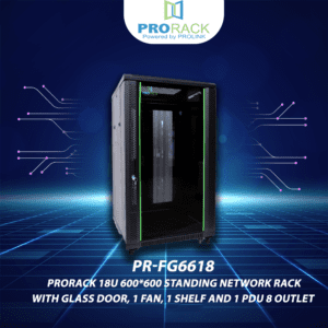 ProRack 18U 600*600Standing network rack with glass door, 1 fan, 1 shelf and 1 PDU 8 outlet